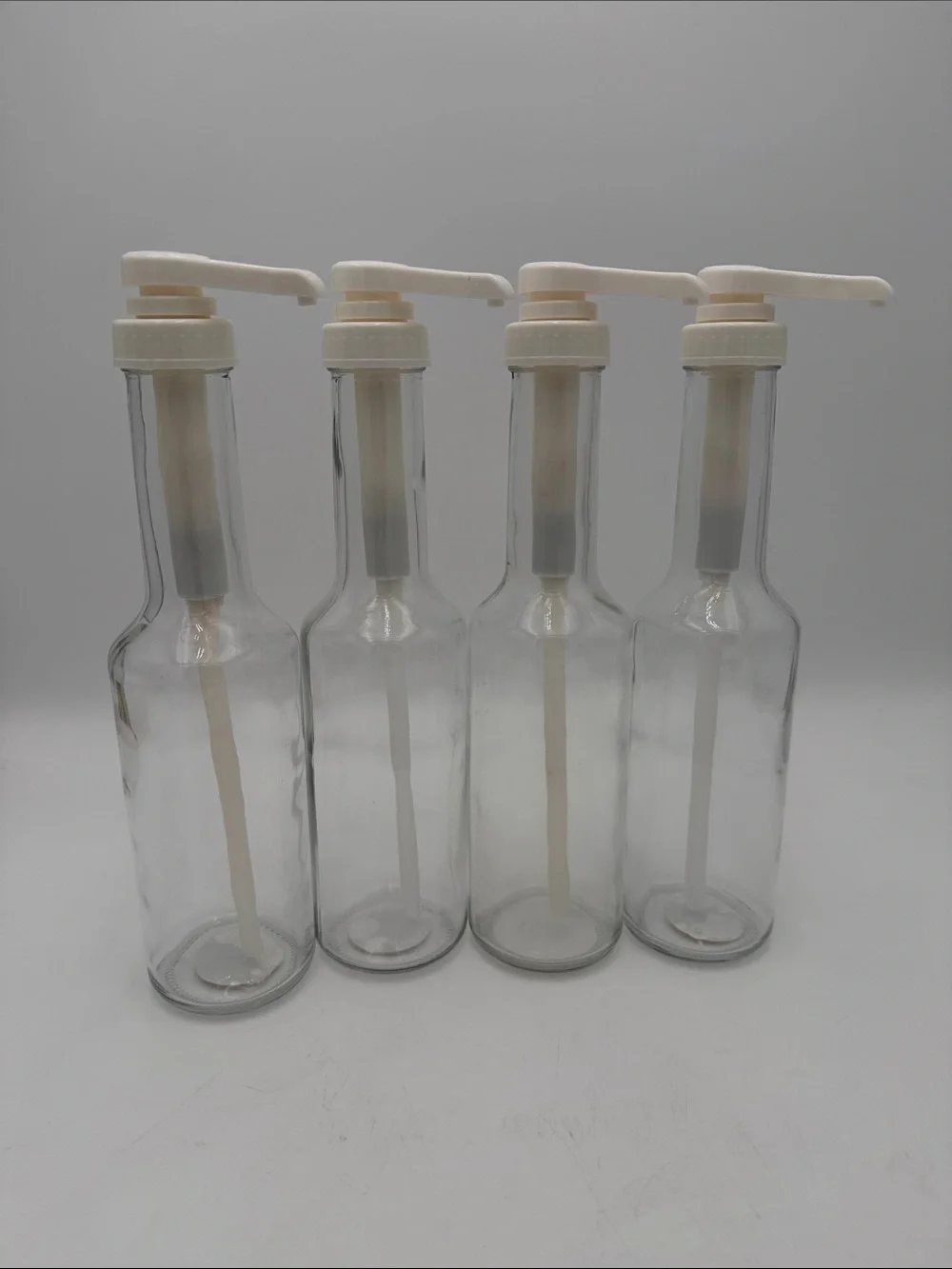 Set of 4 Clear Glass Syrup Pump Bottles Dispensers 16.9 Fl Oz each